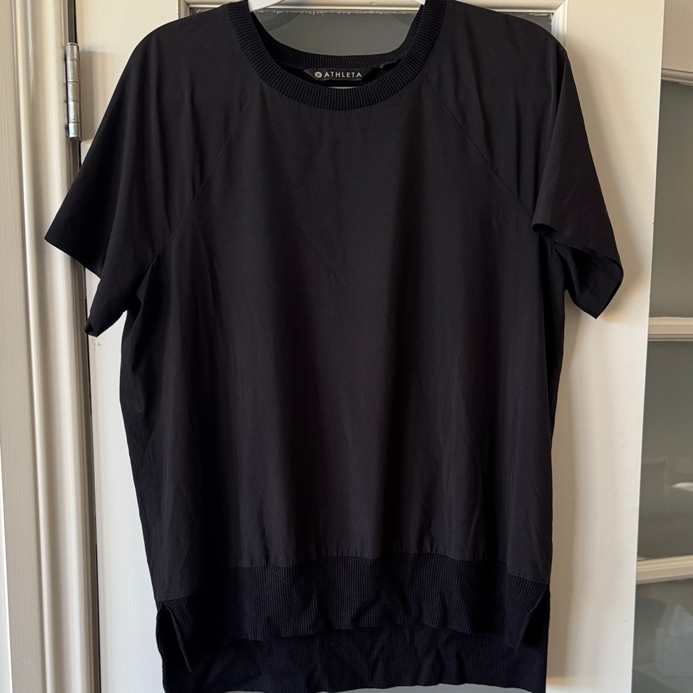 Athleta Women's Black Top with RibbedNeckline and Waist Band. Size Medium